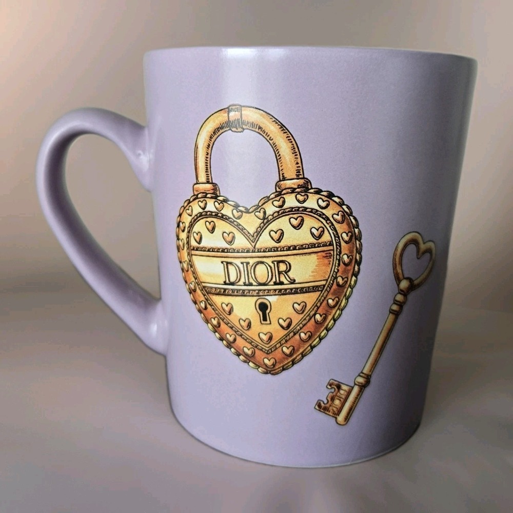 Fig & Fern Dior Inspired Heart Lock Key Lavender Coffee Mug Tea Cup Chic NEW‎